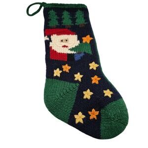 VTG Wool Knit Santa Claus Yellow Stars Green Background Christmas Stocking 19”